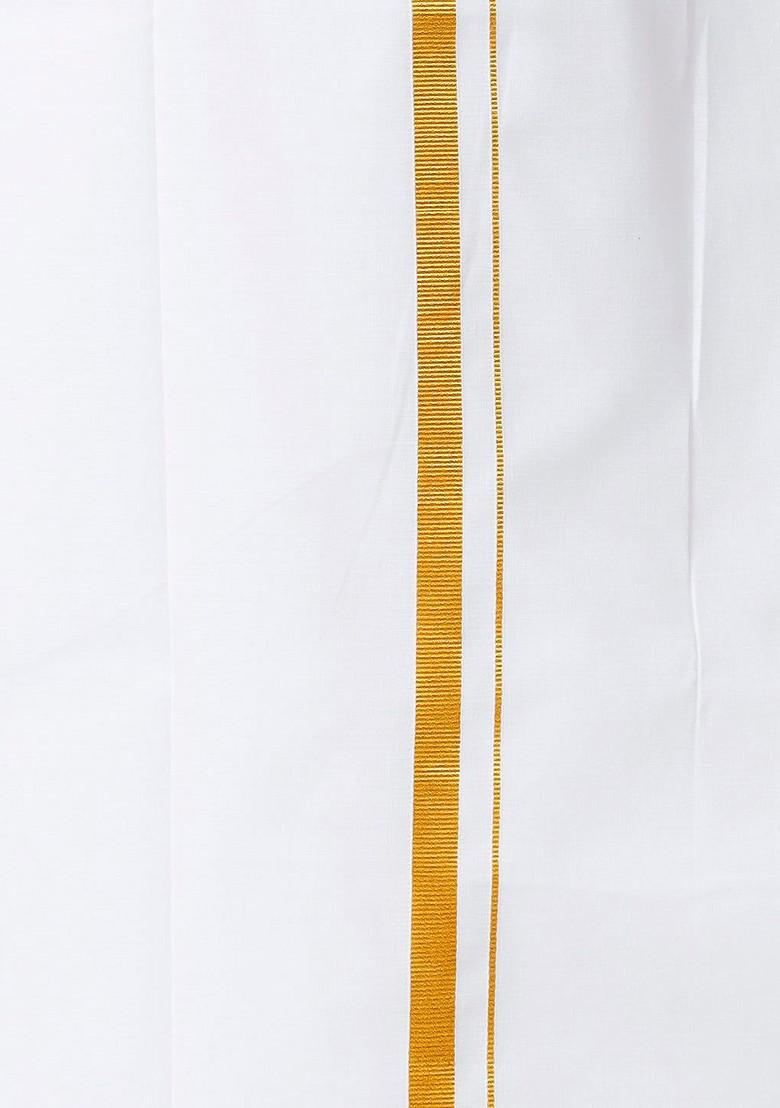 White Mandarin Collar Pure Cotton Straight Kurta With Golden Zari Dhoti For Men