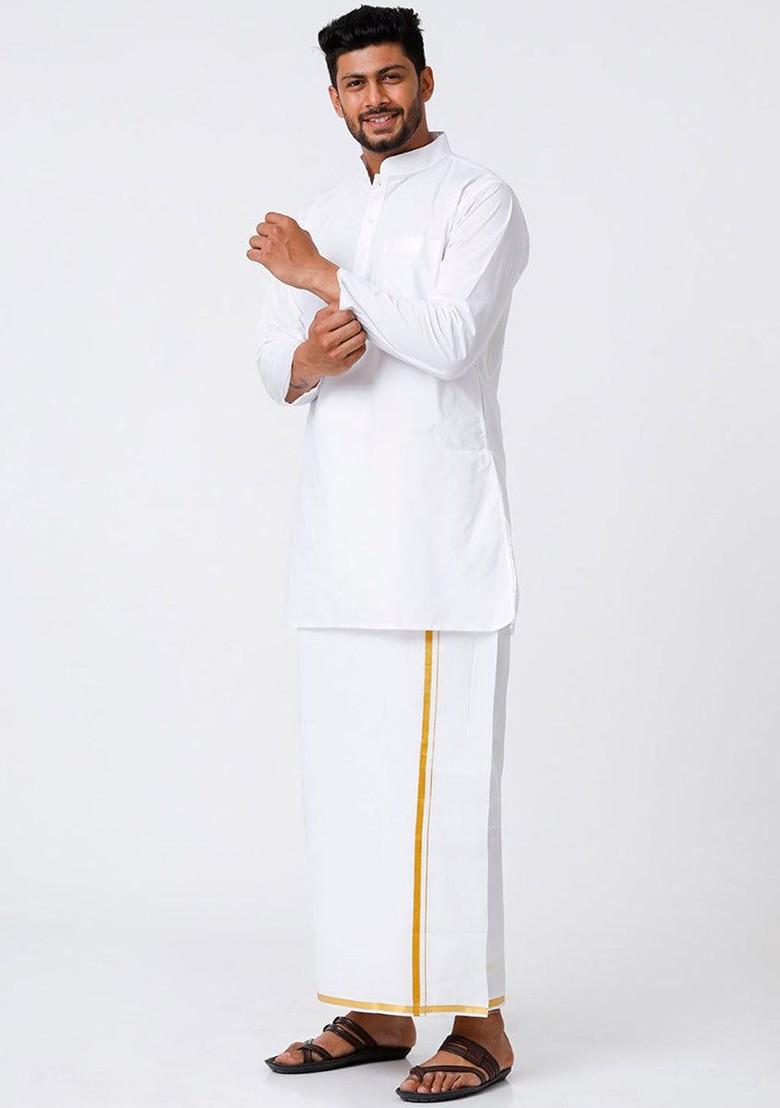 White Mandarin Collar Pure Cotton Straight Kurta With Golden Zari Dhoti For Men