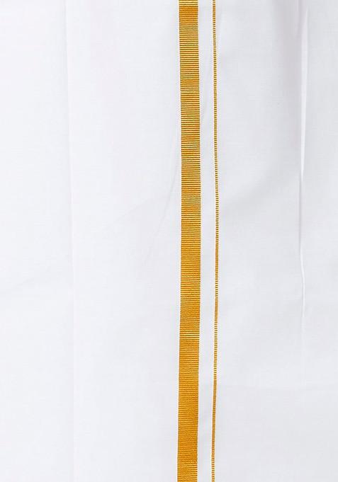 White Mandarin Collar Pure Cotton Straight Kurta With Golden Zari Dhoti For Men