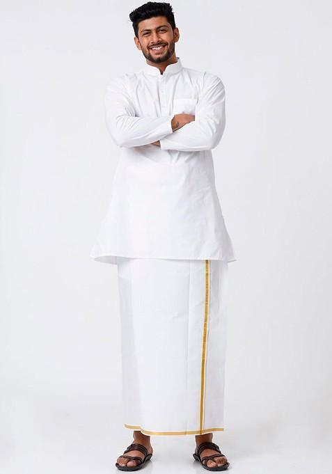 White Mandarin Collar Pure Cotton Straight Kurta With Golden Zari Dhoti For Men