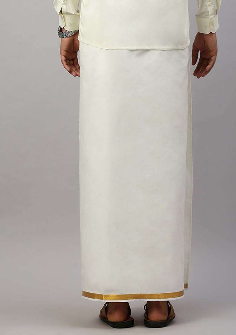 Cream Solid Gold Jari Border Single Layer Cotton Dhoti For Men - Indya