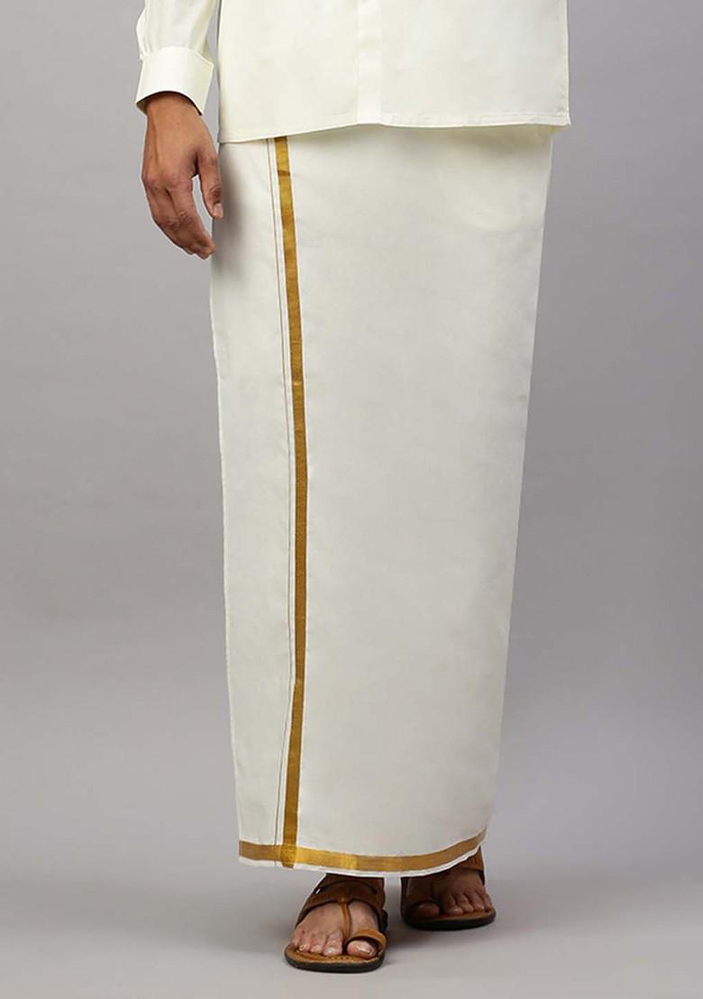 Cream Solid Gold Jari Border Single Layer Cotton Dhoti For Men - Indya
