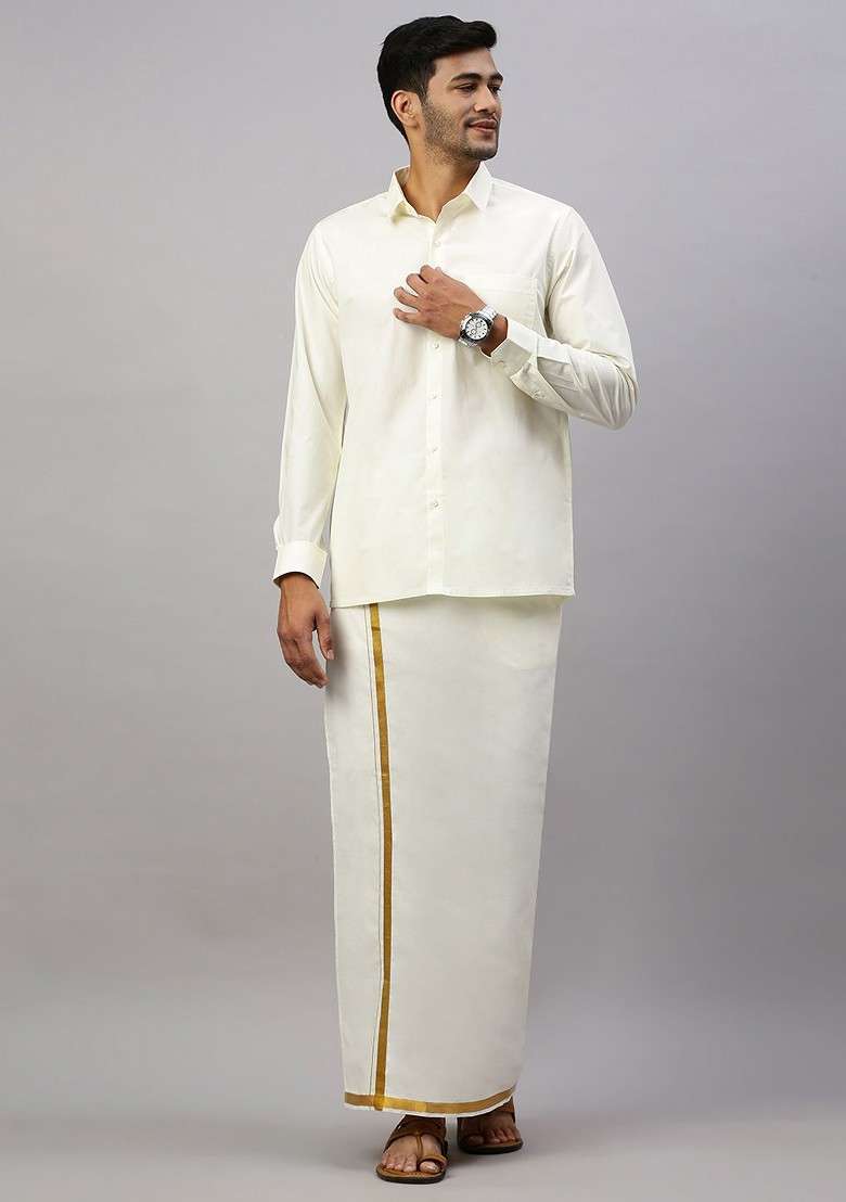 Cream Solid Gold Jari Border Single Layer Cotton Dhoti For Men - Indya