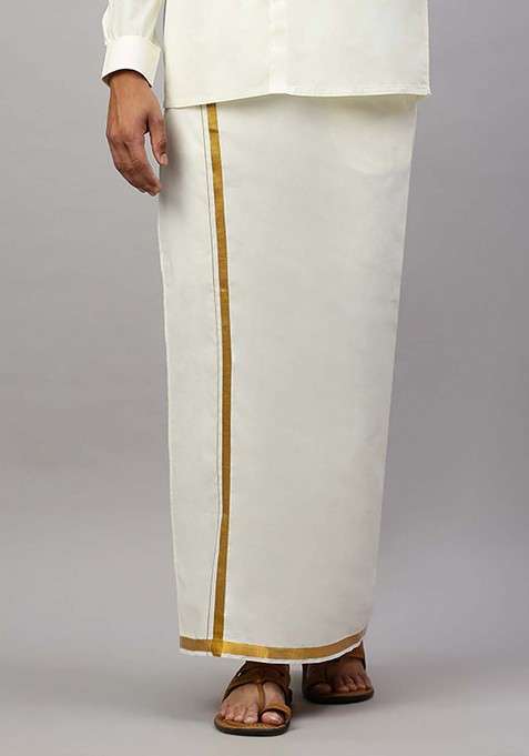 Cream Solid Gold Jari Border Single Layer Cotton Dhoti For Men