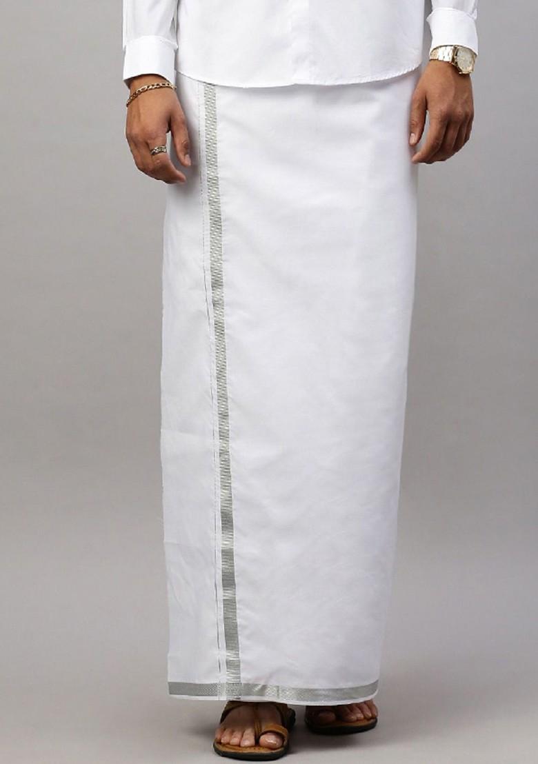 White Cotton White Solid Silver Jari Border Single Layer Dhoti For Men