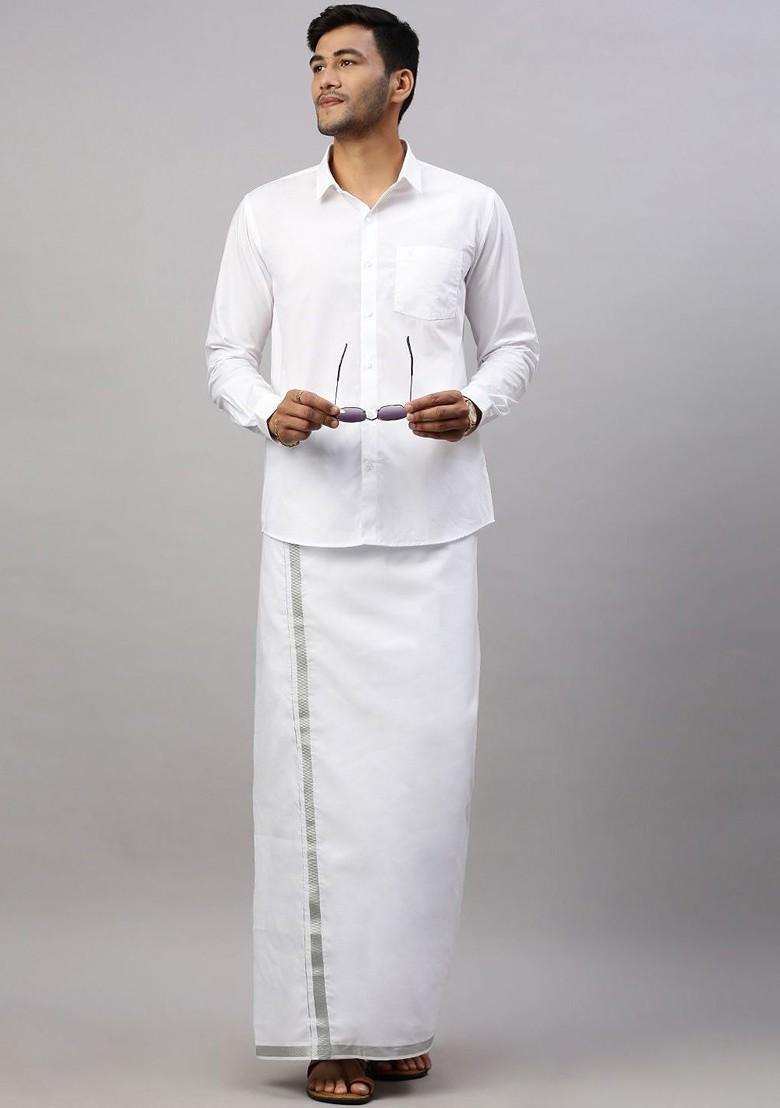 White Cotton White Solid Silver Jari Border Single Layer Dhoti For Men - Indya