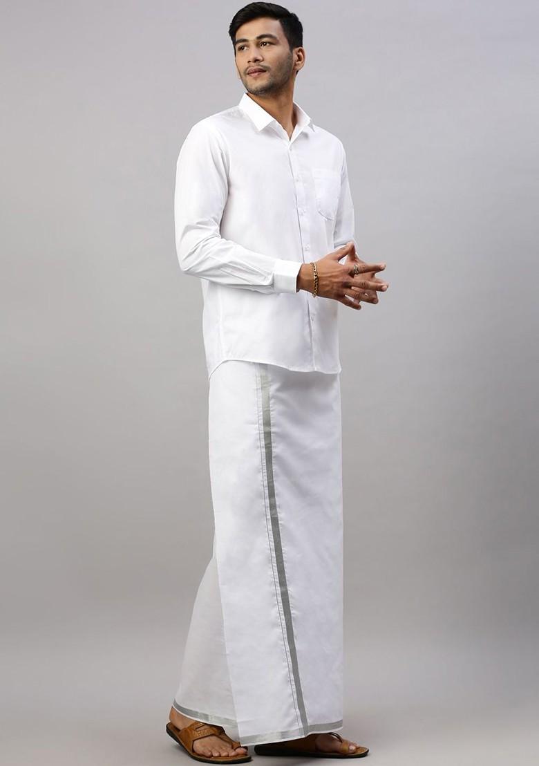 White Cotton White Solid Silver Jari Border Single Layer Dhoti For Men - Indya