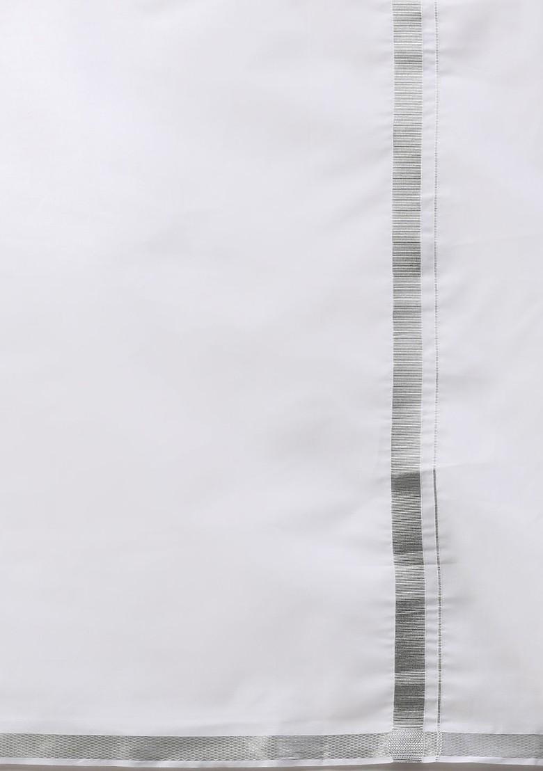 White Cotton White Solid Silver Jari Border Single Layer Dhoti For Men