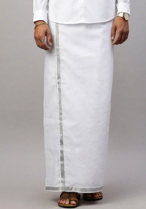 White Cotton White Solid Silver Jari Border Single Layer Dhoti For Men