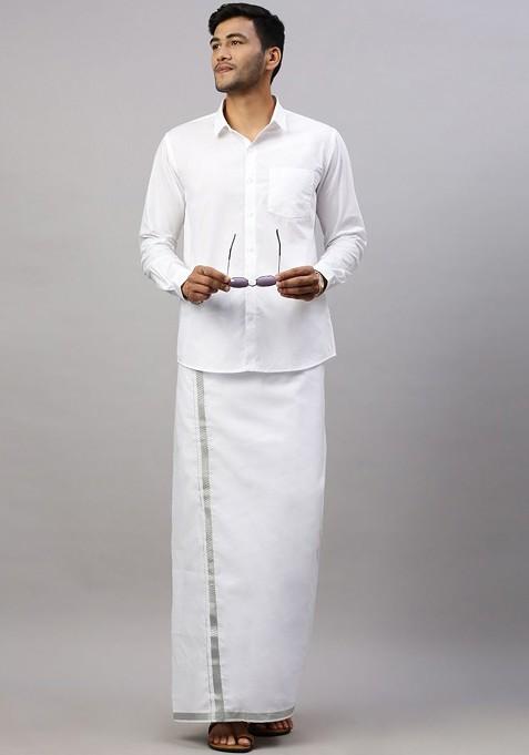 White Cotton White Solid Silver Jari Border Single Layer Dhoti For Men