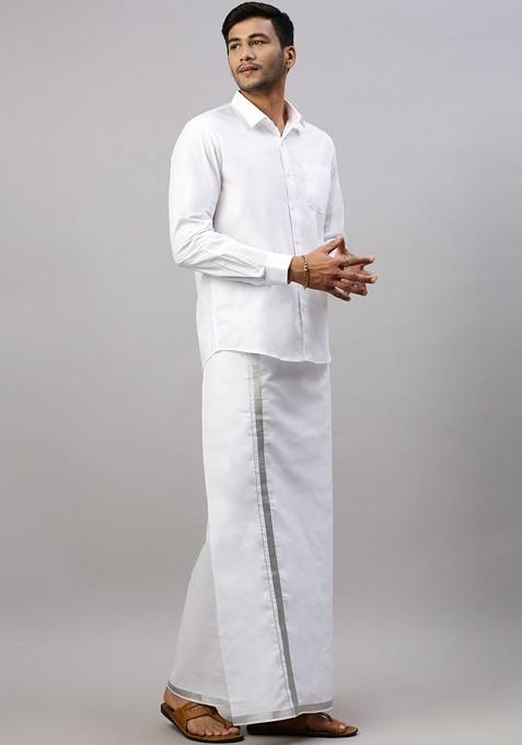 White Cotton White Solid Silver Jari Border Single Layer Dhoti For Men