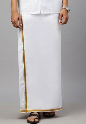 White Cotton Solid Zari Border Single Layer Dhoti For Men
