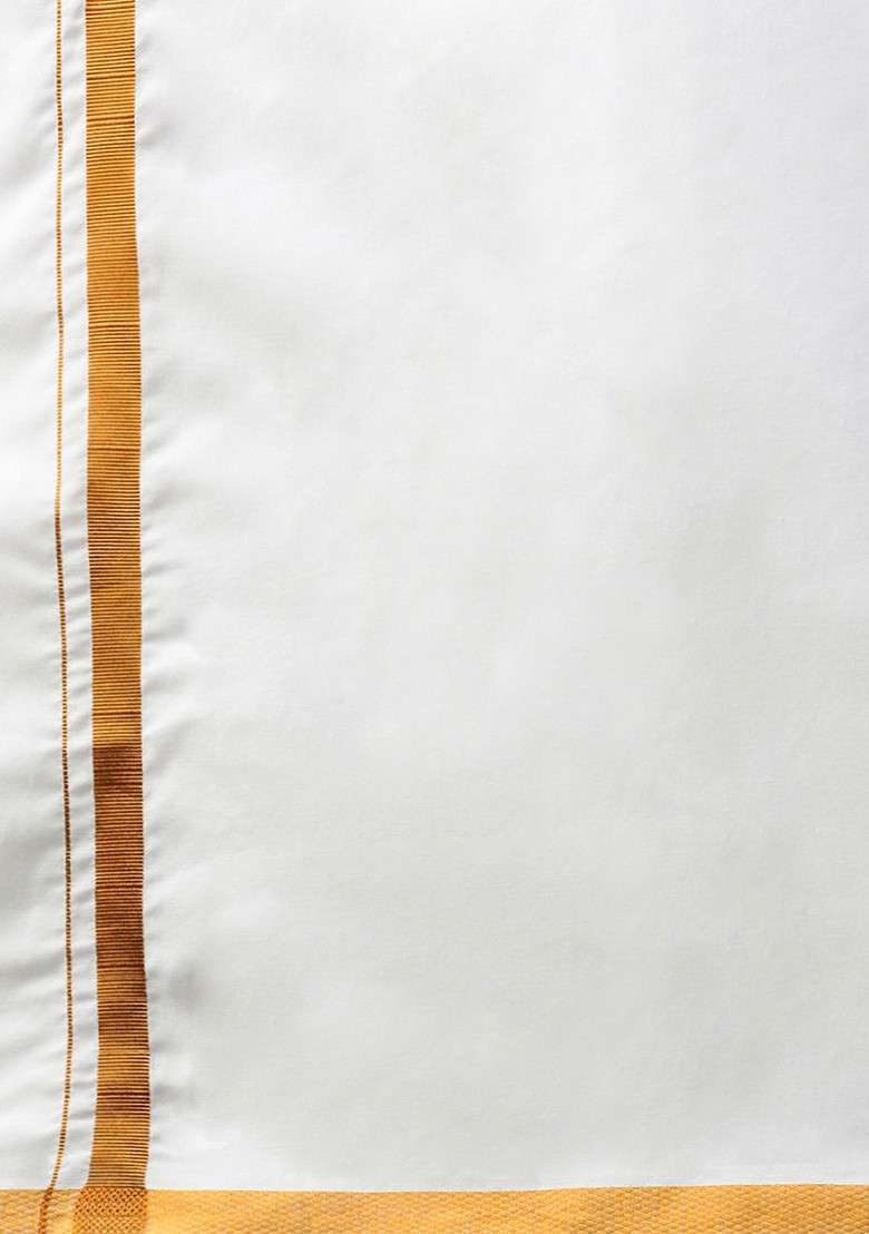 White Cotton Solid Zari Border Single Layer Dhoti For Men - Indya