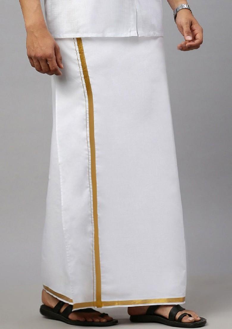 White Cotton Solid Zari Border Single Layer Dhoti For Men - Indya
