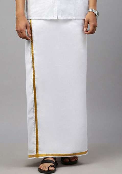 White Cotton Solid Zari Border Single Layer Dhoti For Men