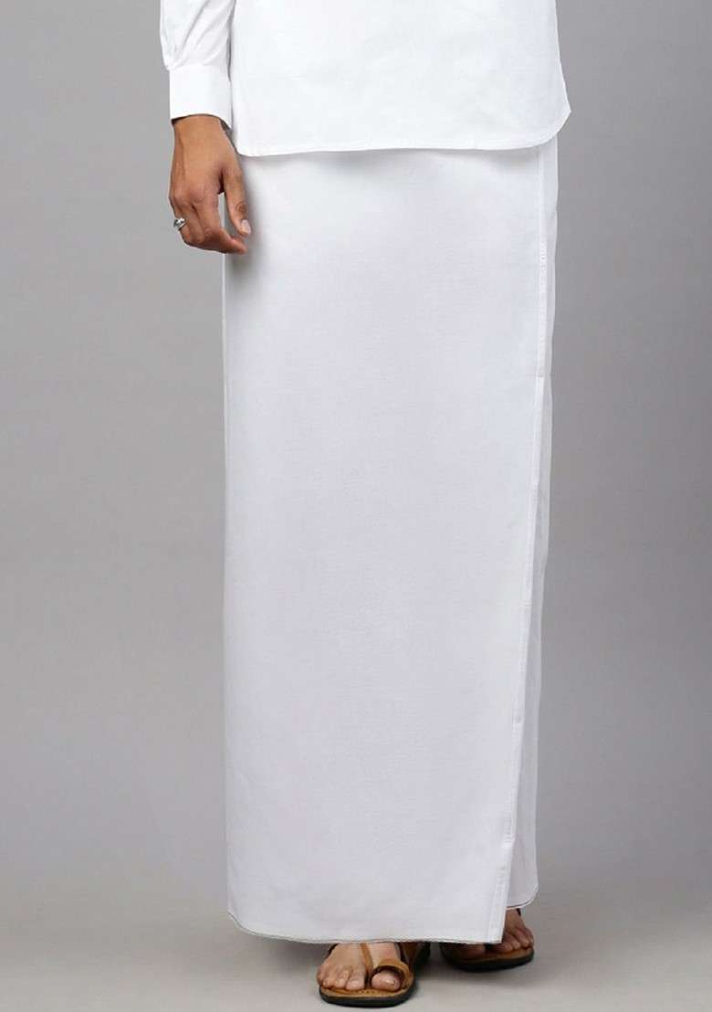 White Solid Cotton Dhoti For Men - Indya
