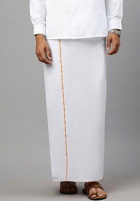 White Solid Gold Jari Border Single Layer Cotton Dhoti For Men