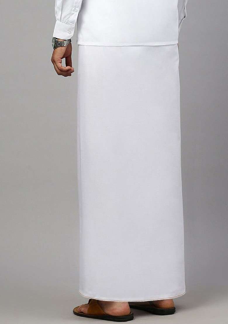 White Solid Gold Jari Border Single Layer Cotton Dhoti For Men - Indya