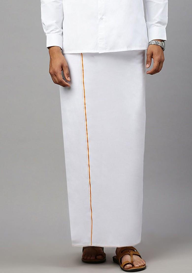 White Solid Gold Jari Border Single Layer Cotton Dhoti For Men - Indya
