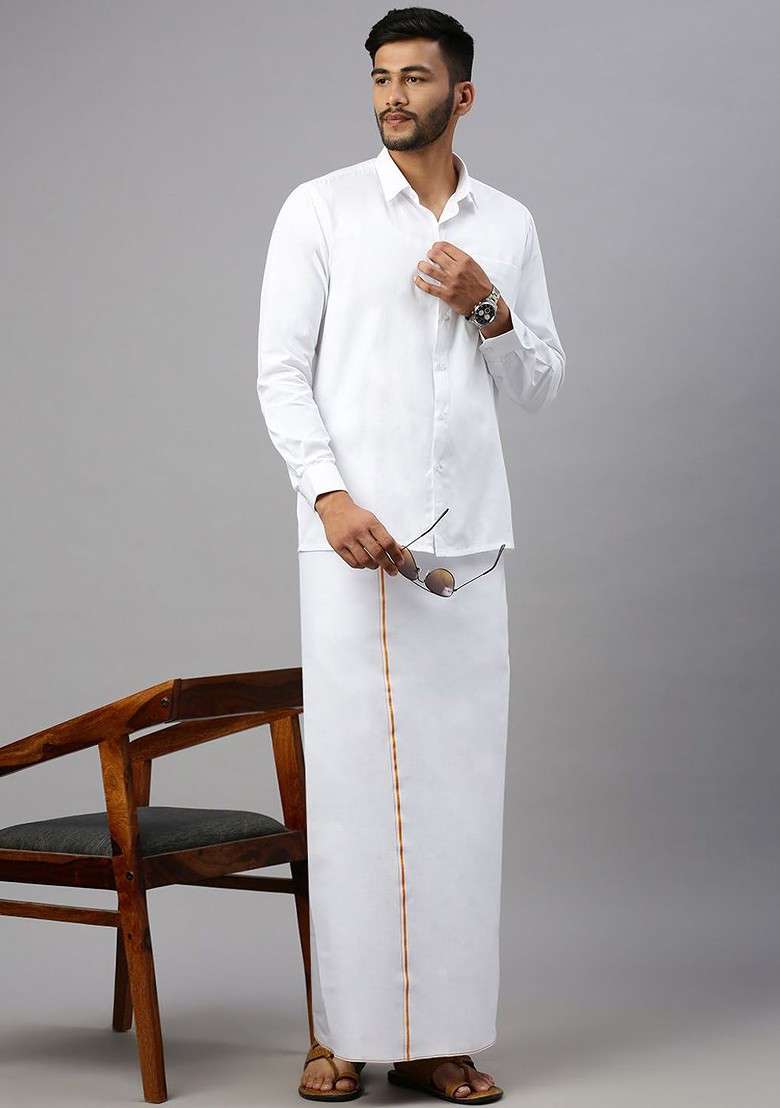 White Solid Gold Jari Border Single Layer Cotton Dhoti For Men - Indya