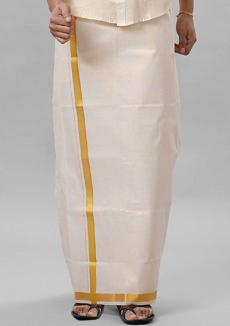 White Solid Cotton Dhoti For Men - Indya