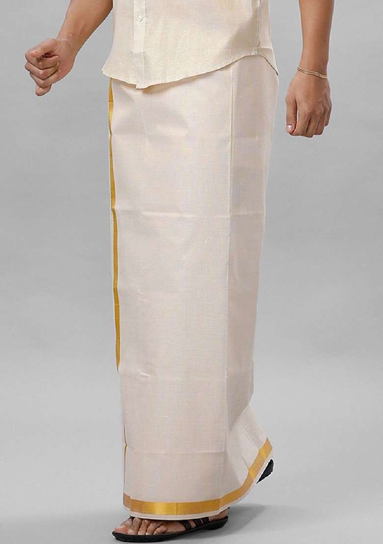 White Solid Cotton Dhoti For Men - Indya