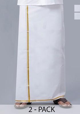 White Cotton Pack Of 2 White Solid Gold Jari Border Single Layer Dhoti For Men