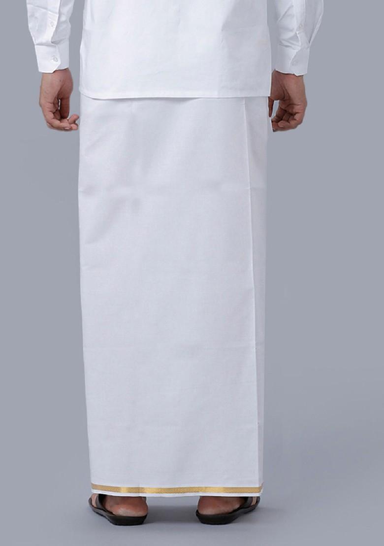 White Cotton Pack Of 2 White Solid Gold Jari Border Single Layer Dhoti For Men - Indya