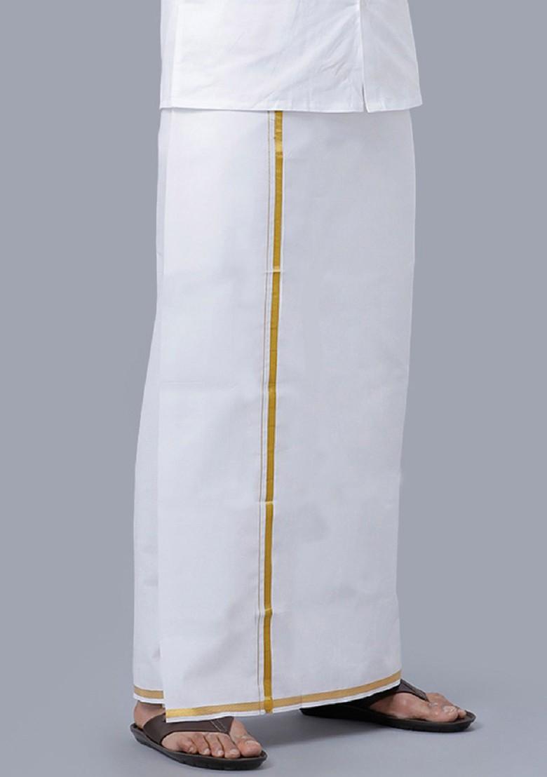 White Cotton Pack Of 2 White Solid Gold Jari Border Single Layer Dhoti For Men