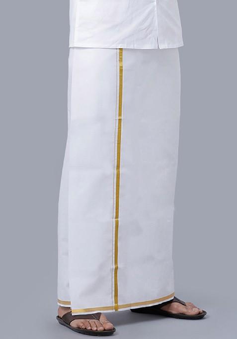 White Cotton Pack Of 2 White Solid Gold Jari Border Single Layer Dhoti For Men