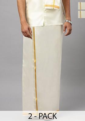 Cream Pack Of 2 Cotton Dhoti With Jari Border For Men