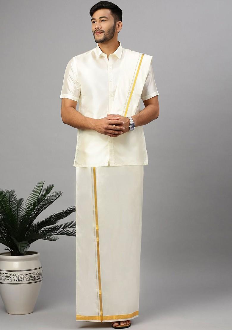 Cream Pack Of 2 Cotton Dhoti With Jari Border For Men - Indya