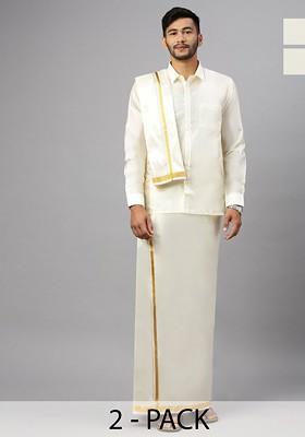 Cream Pack Of 2 Cotton Dhoti With Jari Border For Men