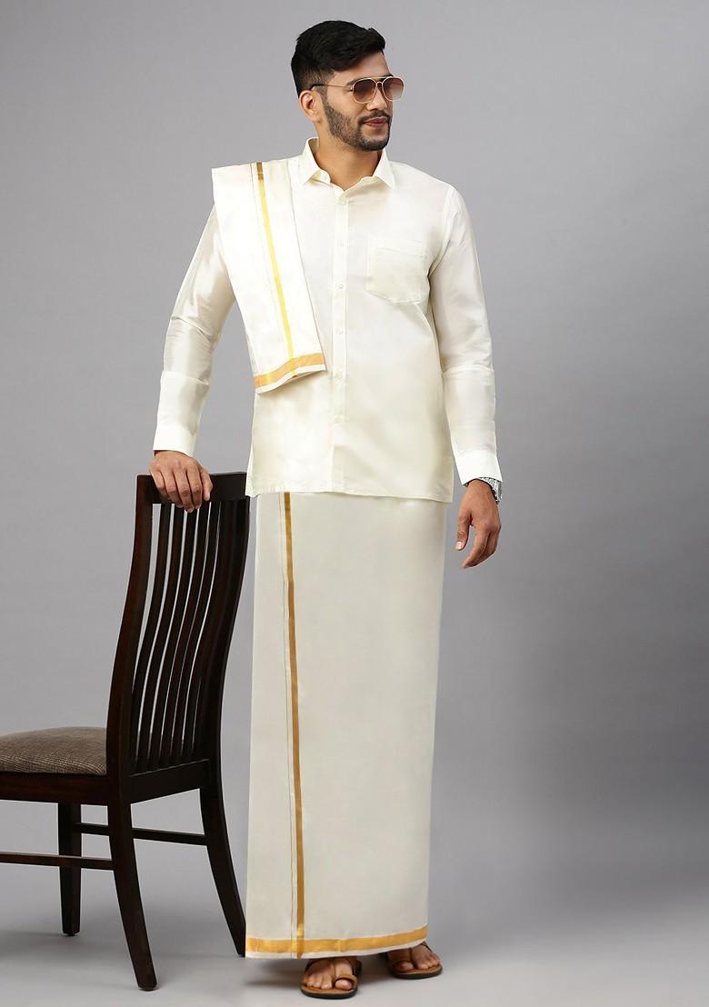 Cream Pack Of 2 Cotton Dhoti With Jari Border For Men - Indya