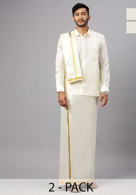 Cream Pack Of 2 Cotton Dhoti With Jari Border For Men