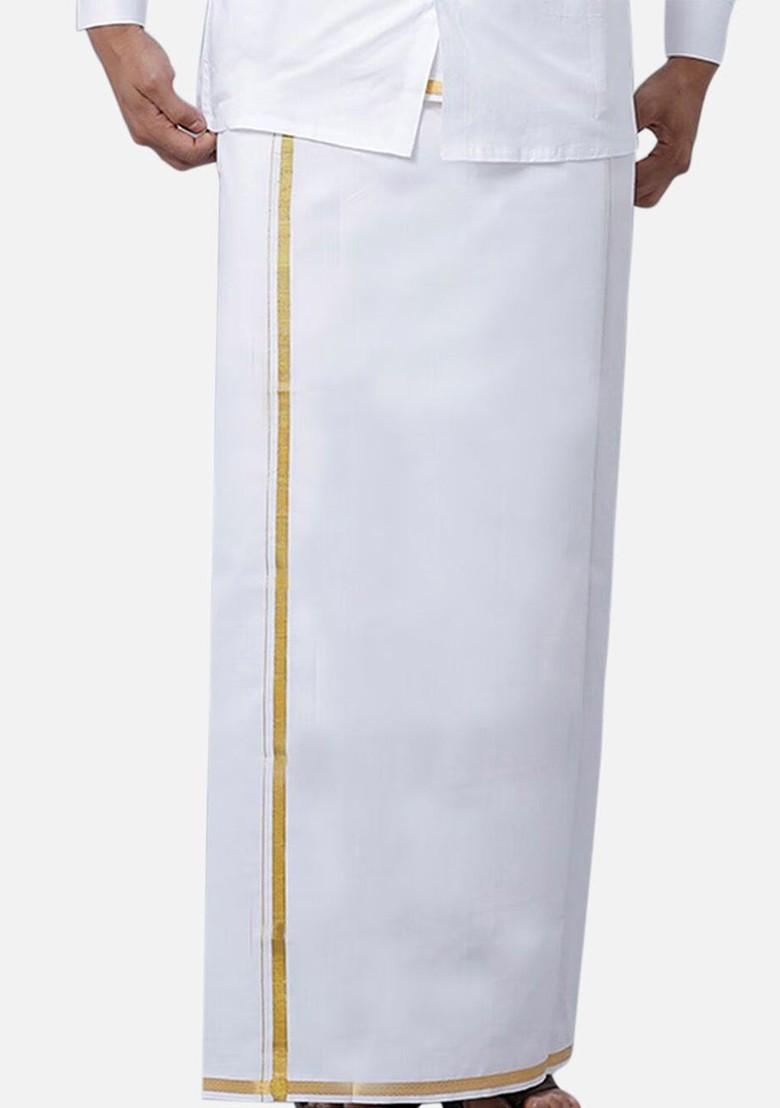 White Solid Polycotton Shirt With Gold Border White Dhoti For Men - Indya