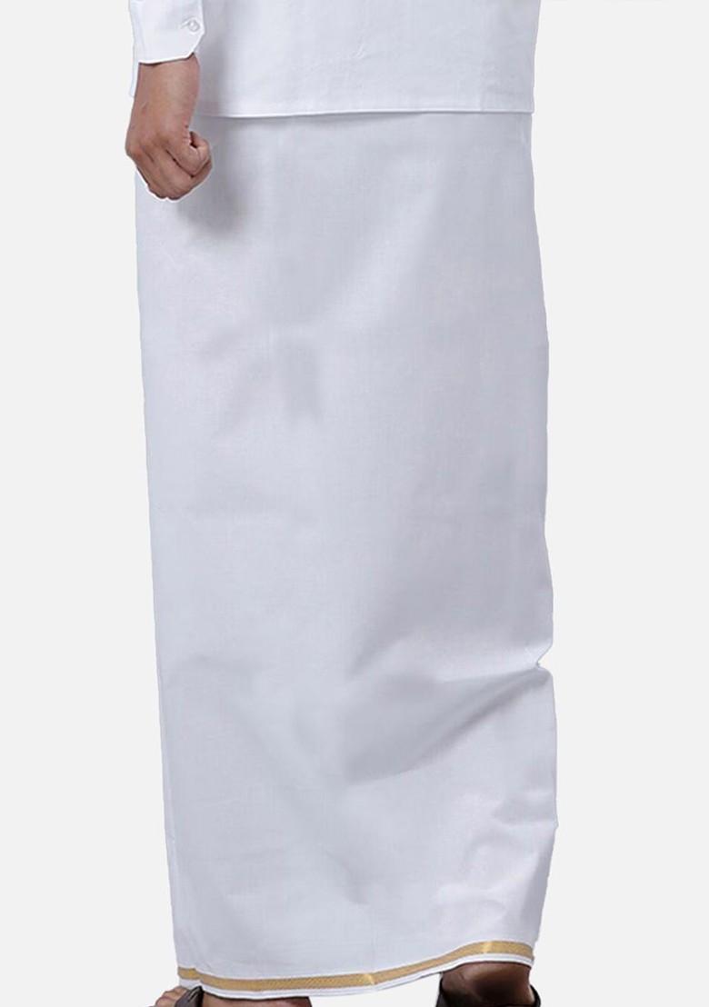 White Solid Polycotton Shirt With Gold Border White Dhoti For Men - Indya