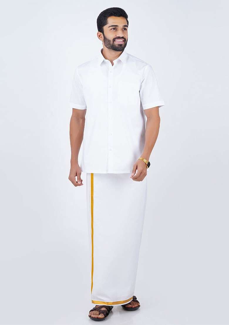 White Solid Shirt With Gold Border Dhoti For Men - Indya