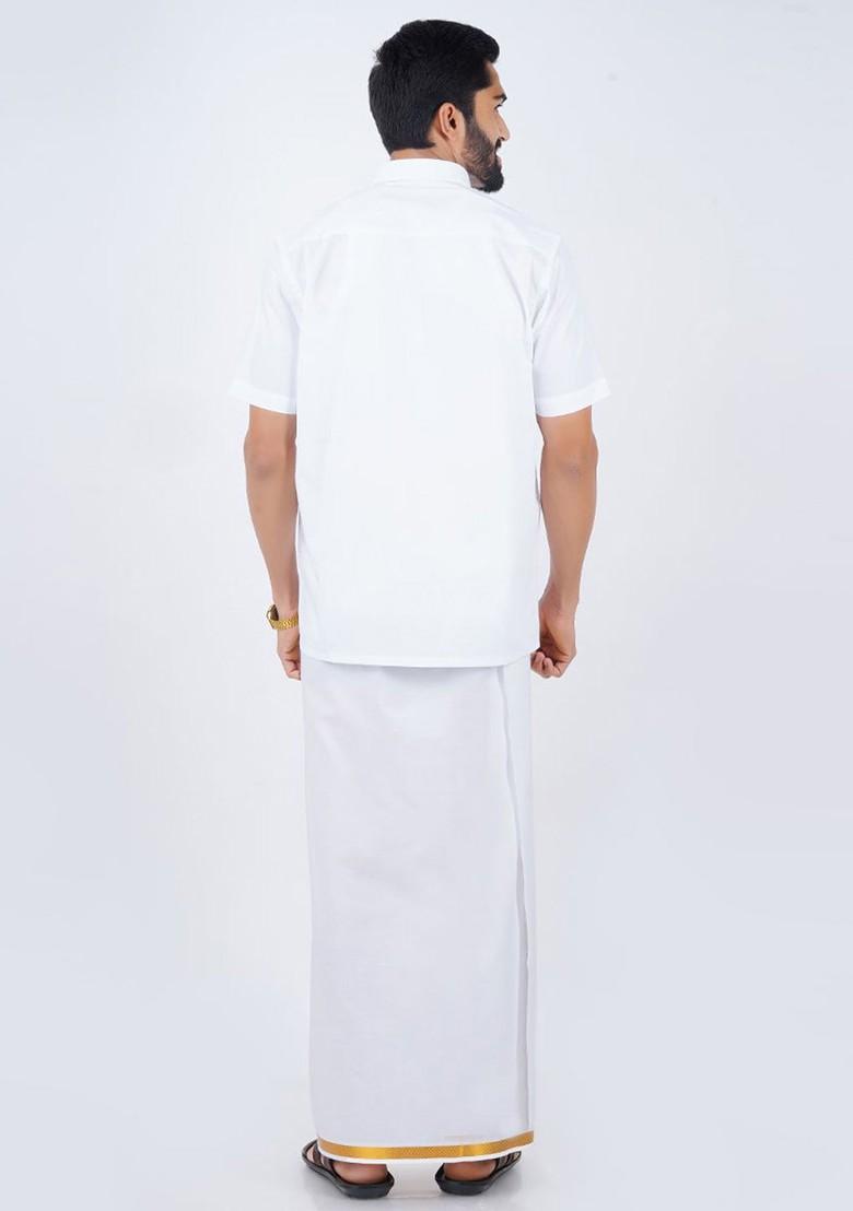 White Solid Shirt With Gold Border Dhoti For Men - Indya