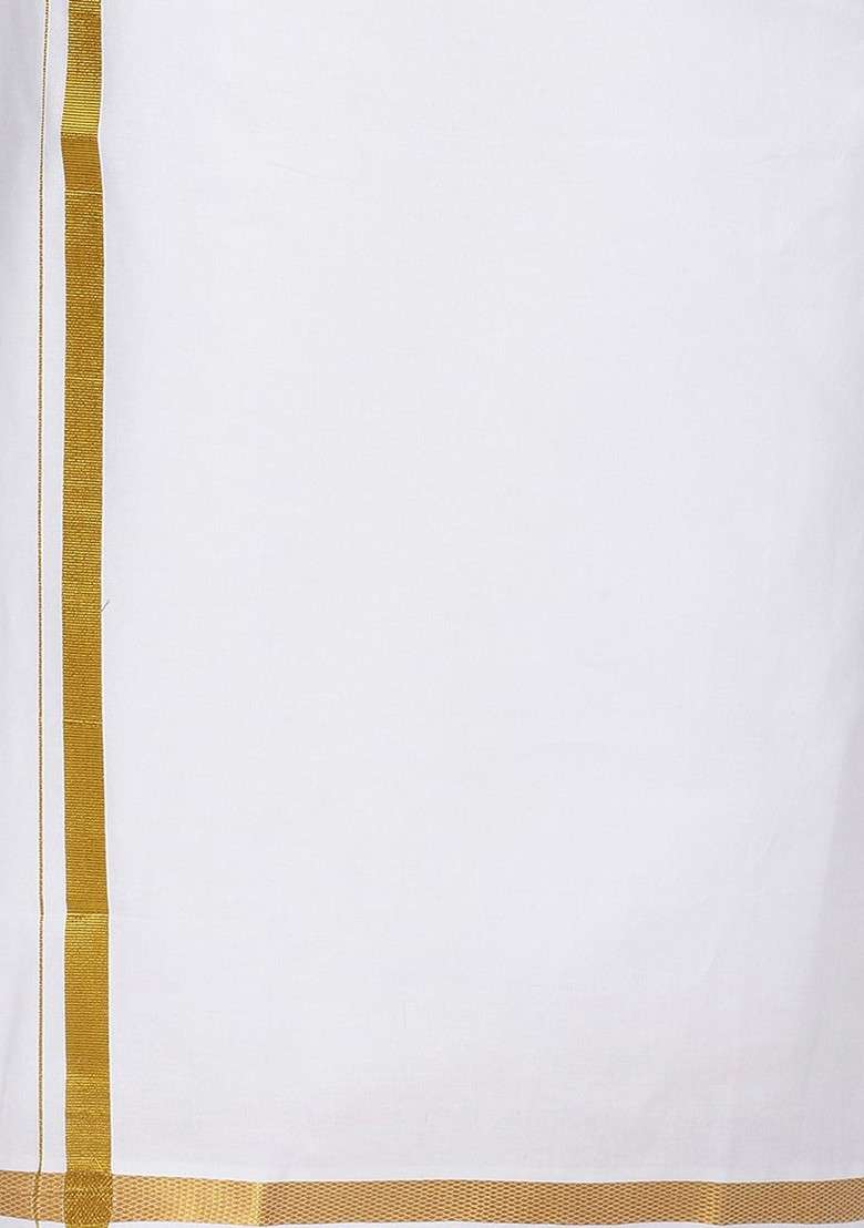 White Solid Shirt With Gold Border Dhoti For Men - Indya