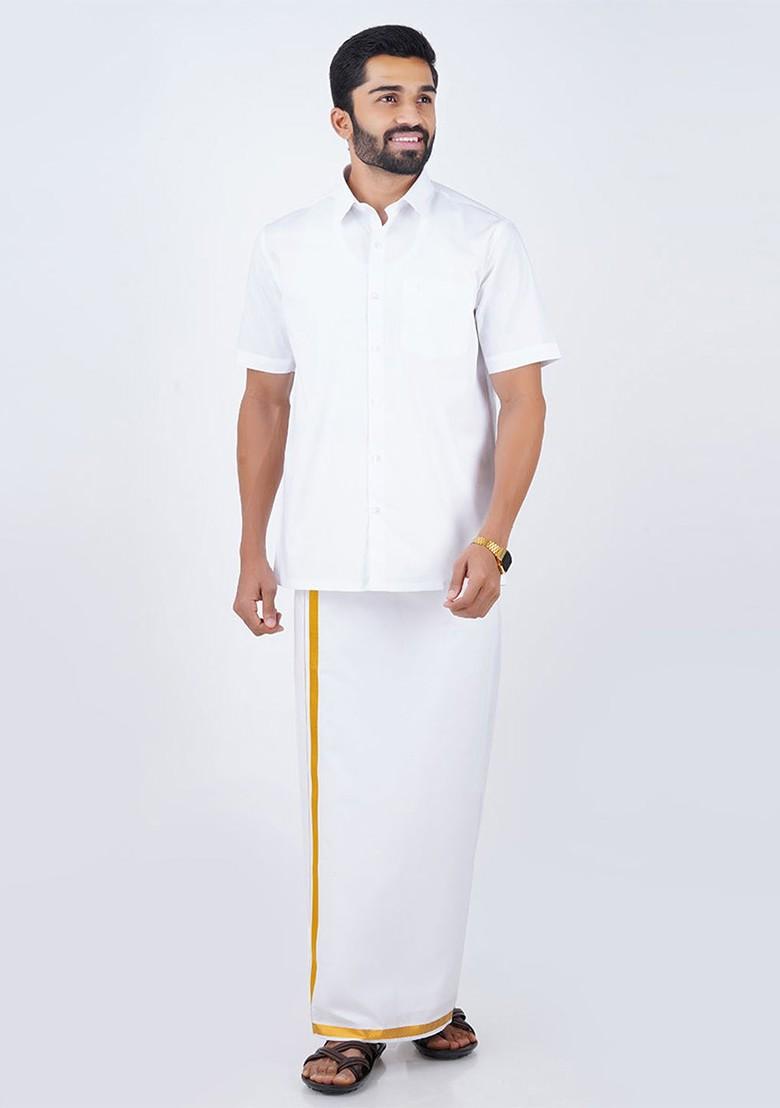 White Solid Shirt With Gold Border Dhoti For Men - Indya