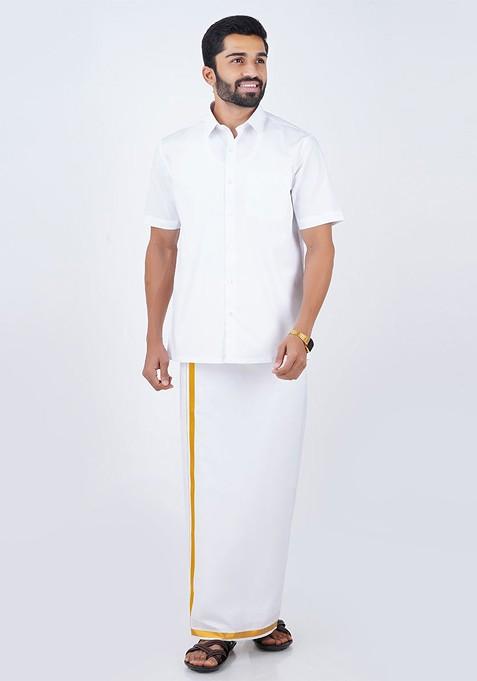 White Solid Shirt With Gold Border Dhoti For Men