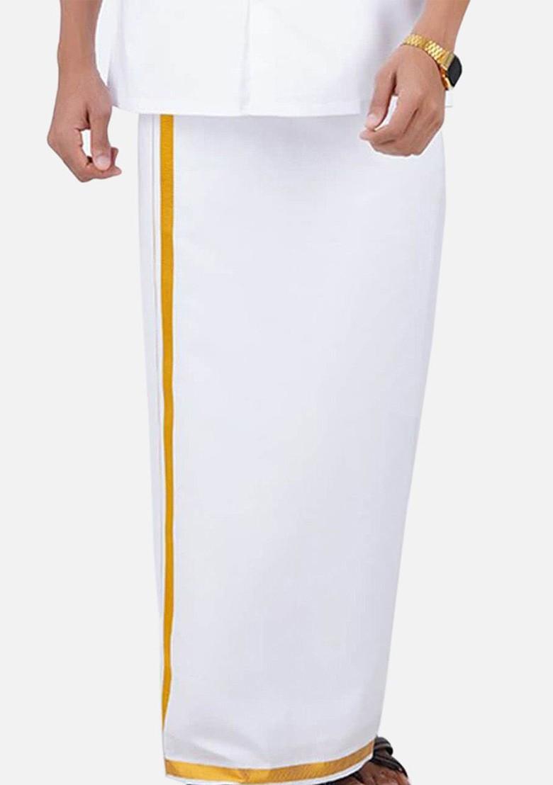 White Shirt With Zari Border Dhoti For Men - Indya