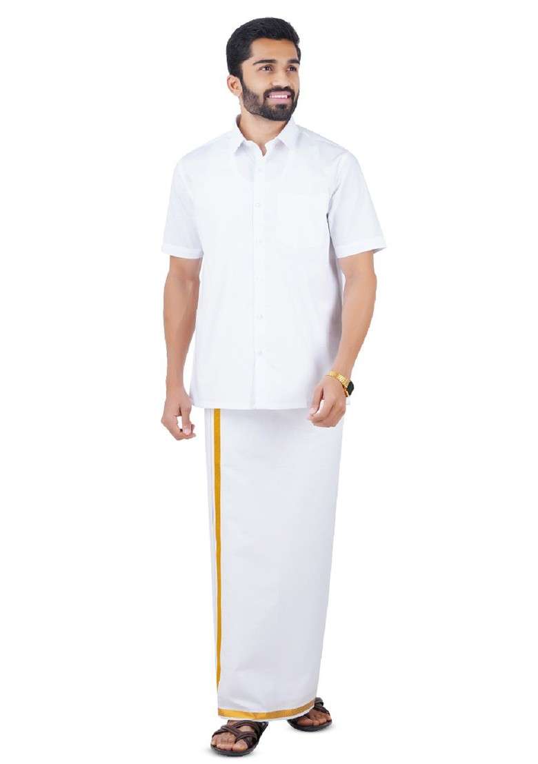 White Shirt Collar Short Sleeves Zari Pure Cotton Shirt With Dhoti For Men - Indya