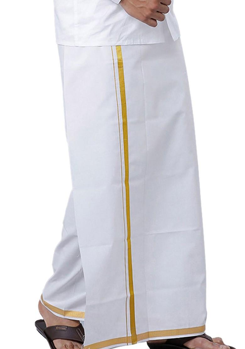 White Shirt Collar Short Sleeves Zari Pure Cotton Shirt With Dhoti For Men - Indya
