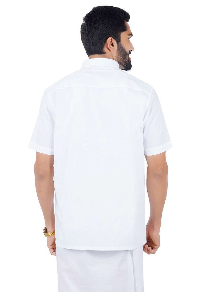 White Shirt Collar Short Sleeves Zari Pure Cotton Shirt With Dhoti For Men - Indya