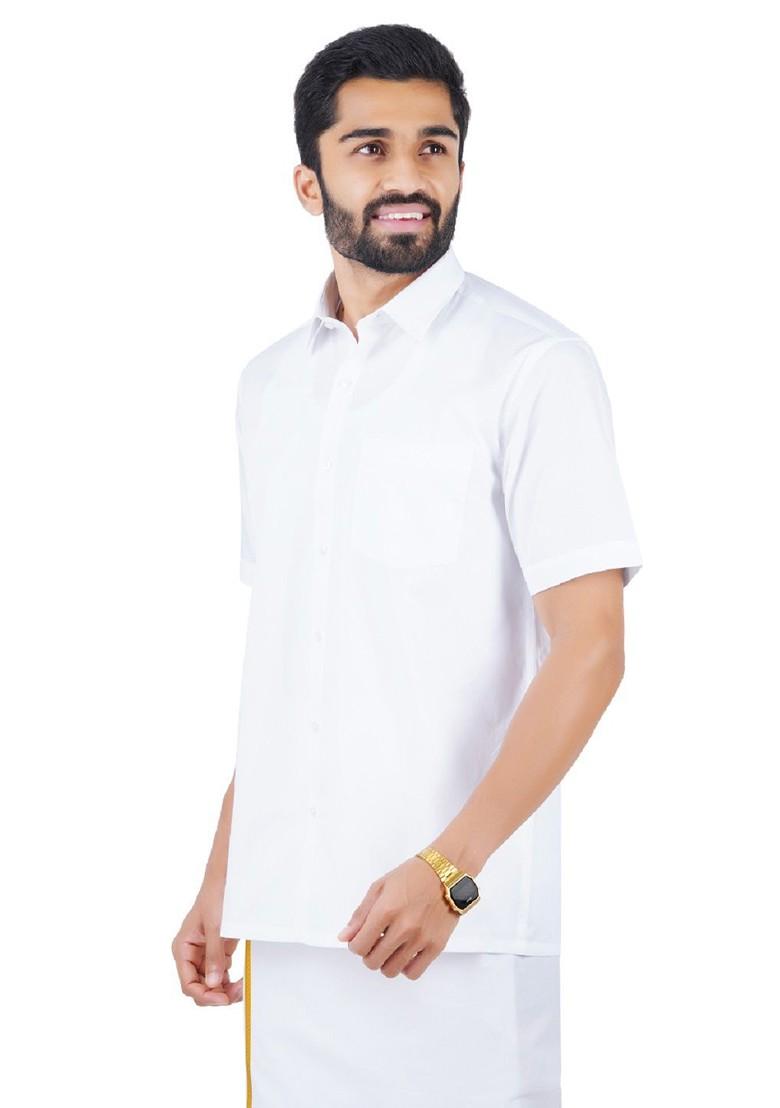 White Shirt Collar Short Sleeves Zari Pure Cotton Shirt With Dhoti For Men - Indya