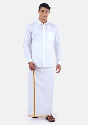 White Solid Polycotton Shirt With Gold Border White Dhoti For Men