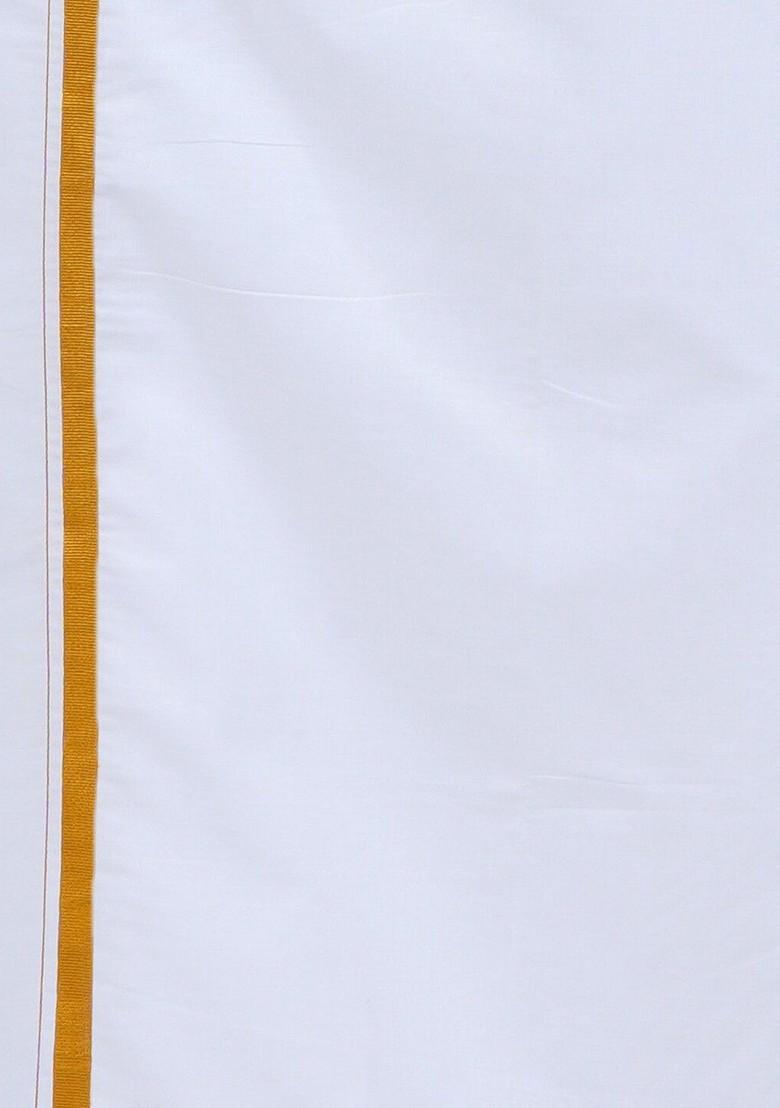 White Solid Polycotton Shirt With Gold Border White Dhoti For Men - Indya