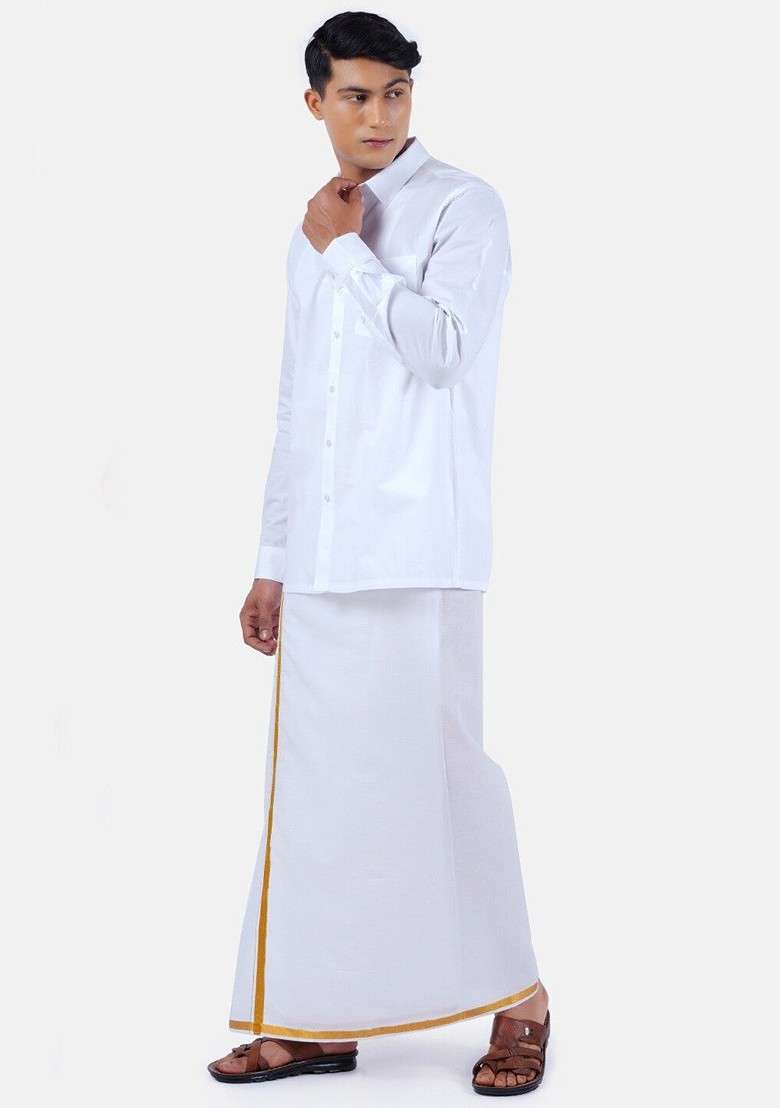White Solid Polycotton Shirt With Gold Border White Dhoti For Men - Indya